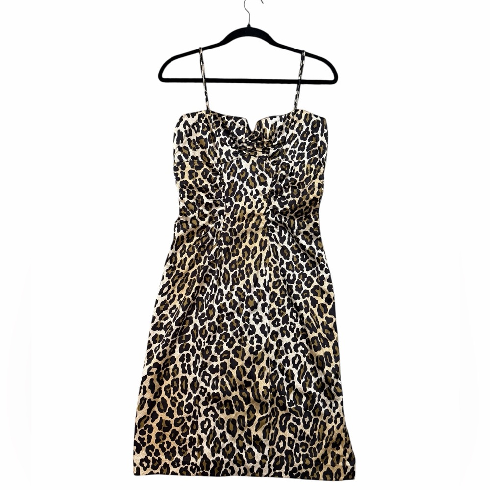Cache Leopard Print‎ Satin Dress Size 10 Ruched Spaghetti Strap Cocktail Y2K